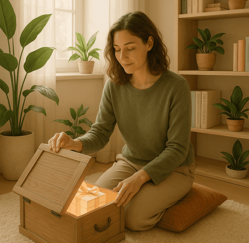 Woman finding a gift, symbolizing a hidden talent, in wooden box.