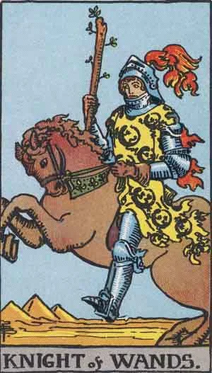 The Rider-Waite Knight of Wands tarot card, showing a knight on a rearing horse, symbolizing bold action and passionate pursuit.