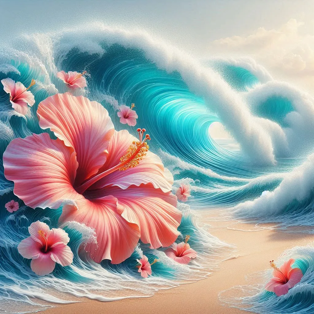 Red hibiscus in full bloom within an ocean wave — symbolizing femininity, flow, and self-expression.