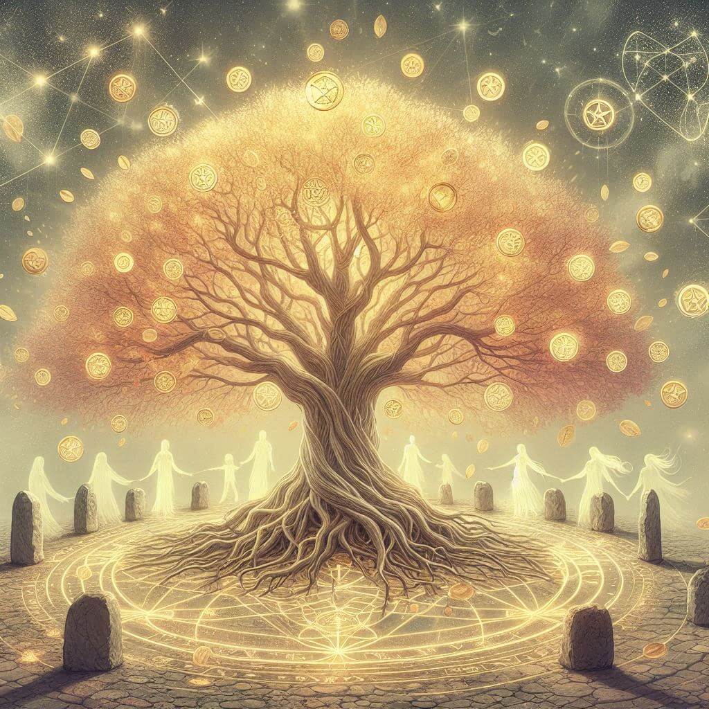 A glowing tree with coins, encircled by radiant human light beings holding hands — symbolizing abundance and unity.