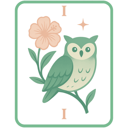 Pastel green owl with a pink hibiscus and a star on an oracle card, with an innocent and playful feel.