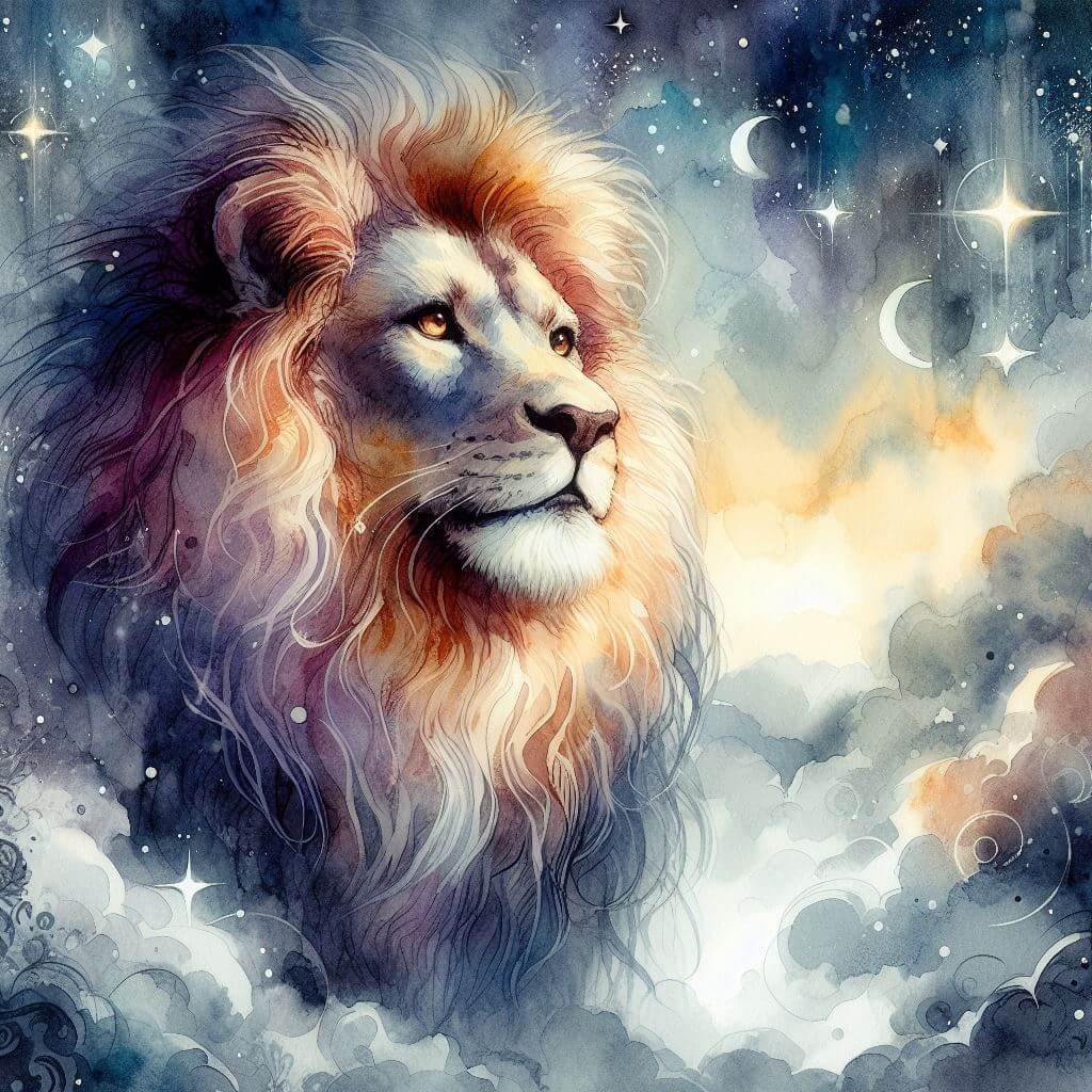 Tarot card depicting a lion under the stars symbolizing Leo Heart