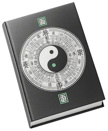 Sacred journal with yin yang symbol and Chinese characters. 